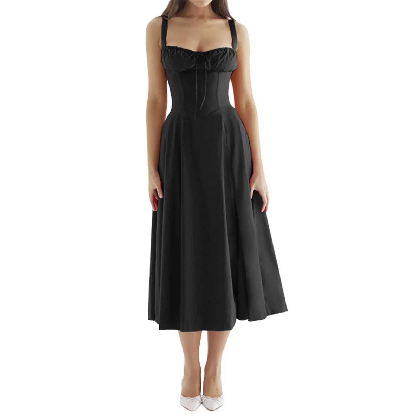 Summer New Fashion French Style Elegant Casual Tied Waist-fitted Slimming Dress Womens Foreign Trade Sleeveless Side Slit DressXJ250610