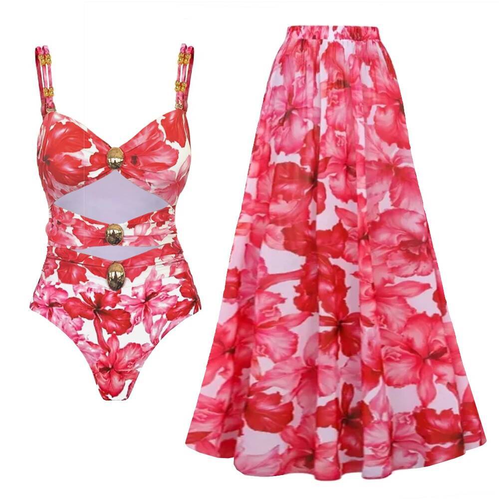 Leopard Floral Printed Swimwear With Cover Sexy Bikinis Woman Swimsuit Hollowen Push Up Swim Suit Female Beach Outfits
