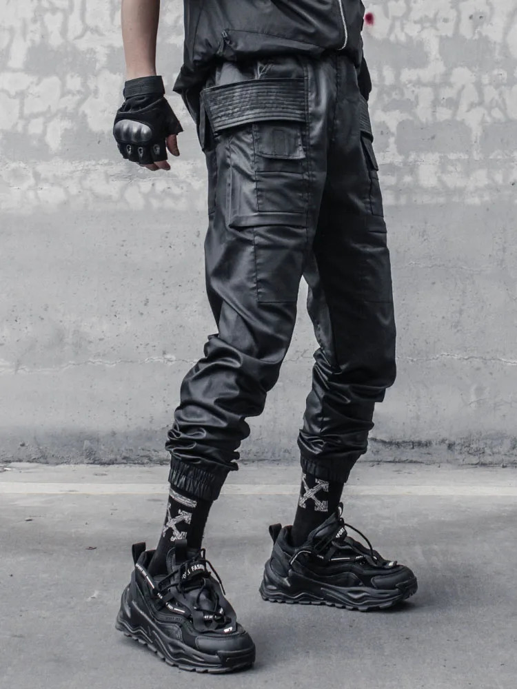 Waxy Coating Punk Hip Hop Cargo Pants Mens Multi-pockets Motorcycle Techwear Functional Joggers Street Casual Trousers 250609