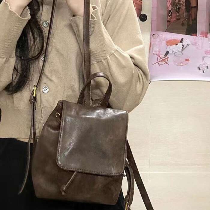 Compact Brown Student Backpack 2025 New PU Soft Leather Texture Simple Versatile Commuter Bag