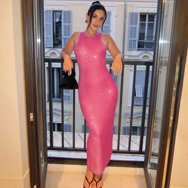 Summer Spliced. See-through Long Dress Women Casual Sleeveless Vest Long Dress Solid Color Sequined Slim Party Dress 2024 New XJ250610