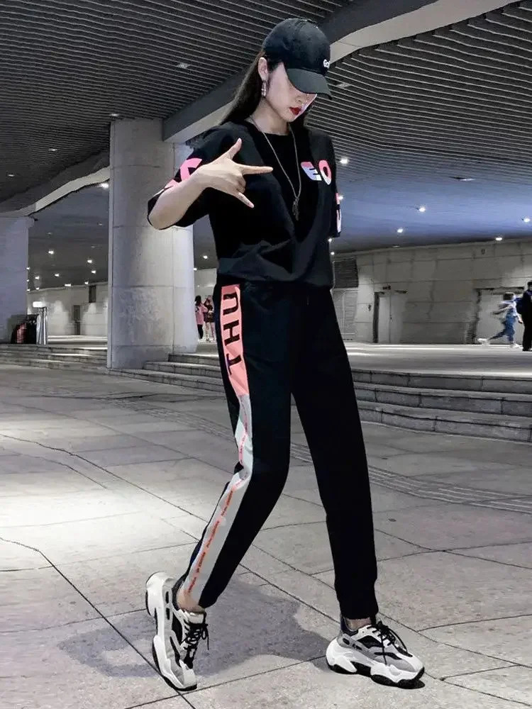 2 Pieces Sets Women Sportswear Printed T-shirt Women Sports Pants Casual Tracksuit Female Clothing 250609