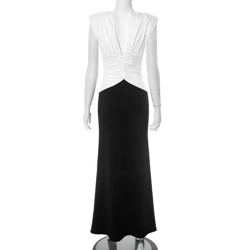 Summer Sleeveless V Neck Sexy Party Club Maxi A Line Dress Outfits Women Patchwork Backless Bodycon Split Long Evening Dresses XJ250610