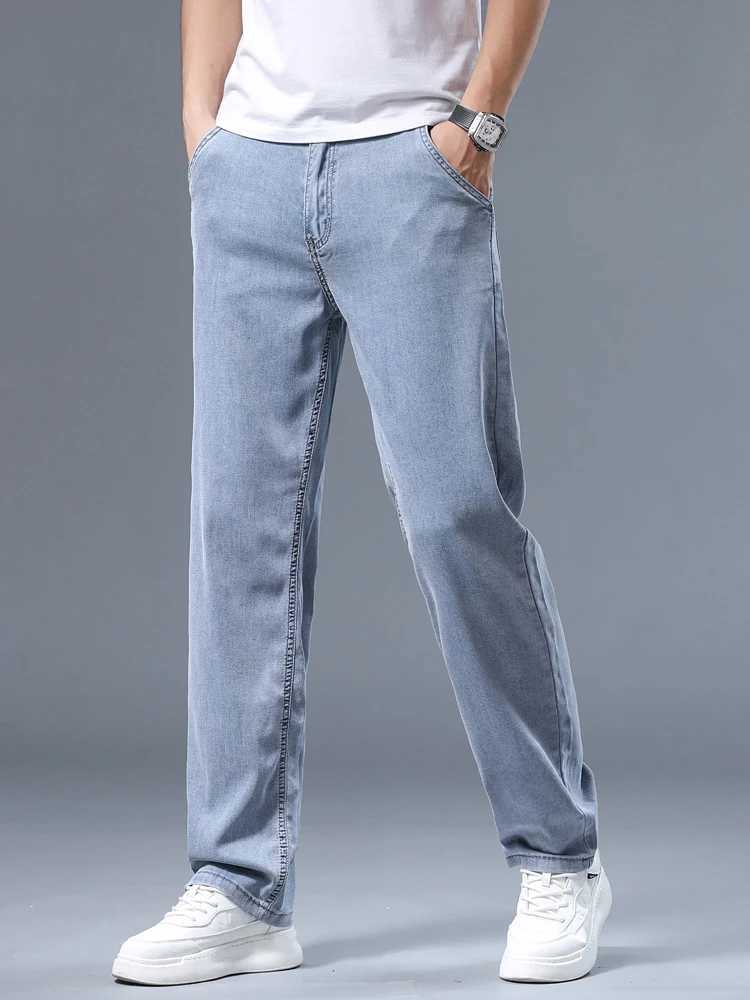 Summer Ultra-thin Mens Jeans Lyocell Soft Breathable Loose Straight Light Blue Denim Pants Business Casual Ice Silk Trousers M250610