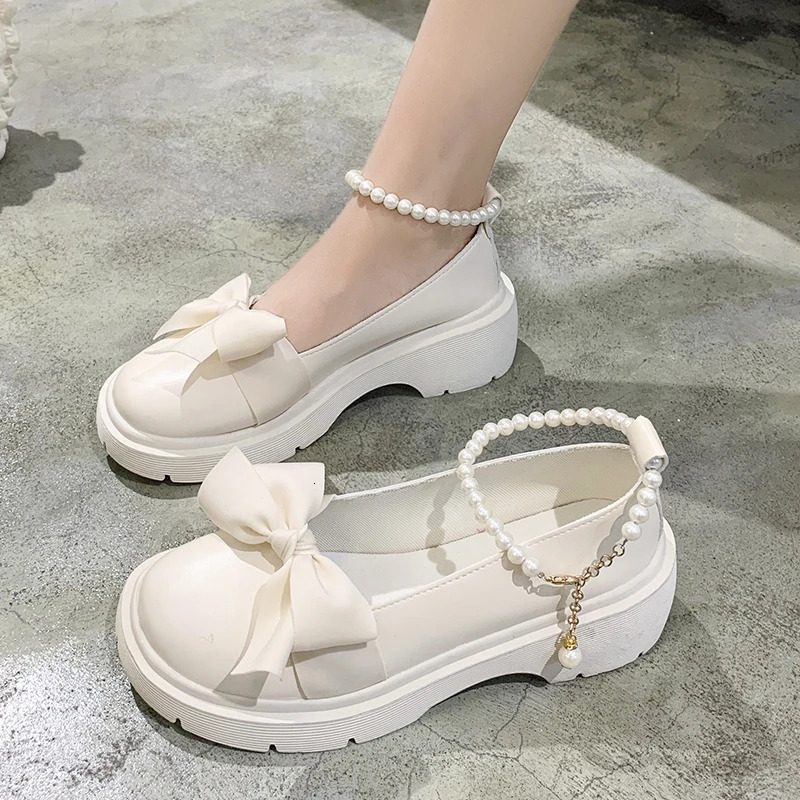 Fashion Mary Jane Shoes Women 2024 Spring/summer Pearl Bow Single Shoe Chunky Heel Small Leather Shoes 250603