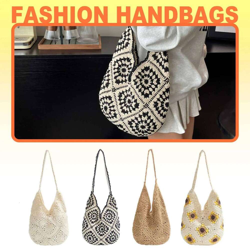 Women Knitted Shoulder Casual Beach Large Capacity Hollow Out Fashion Tote Handbag Outdoor Travel Bag