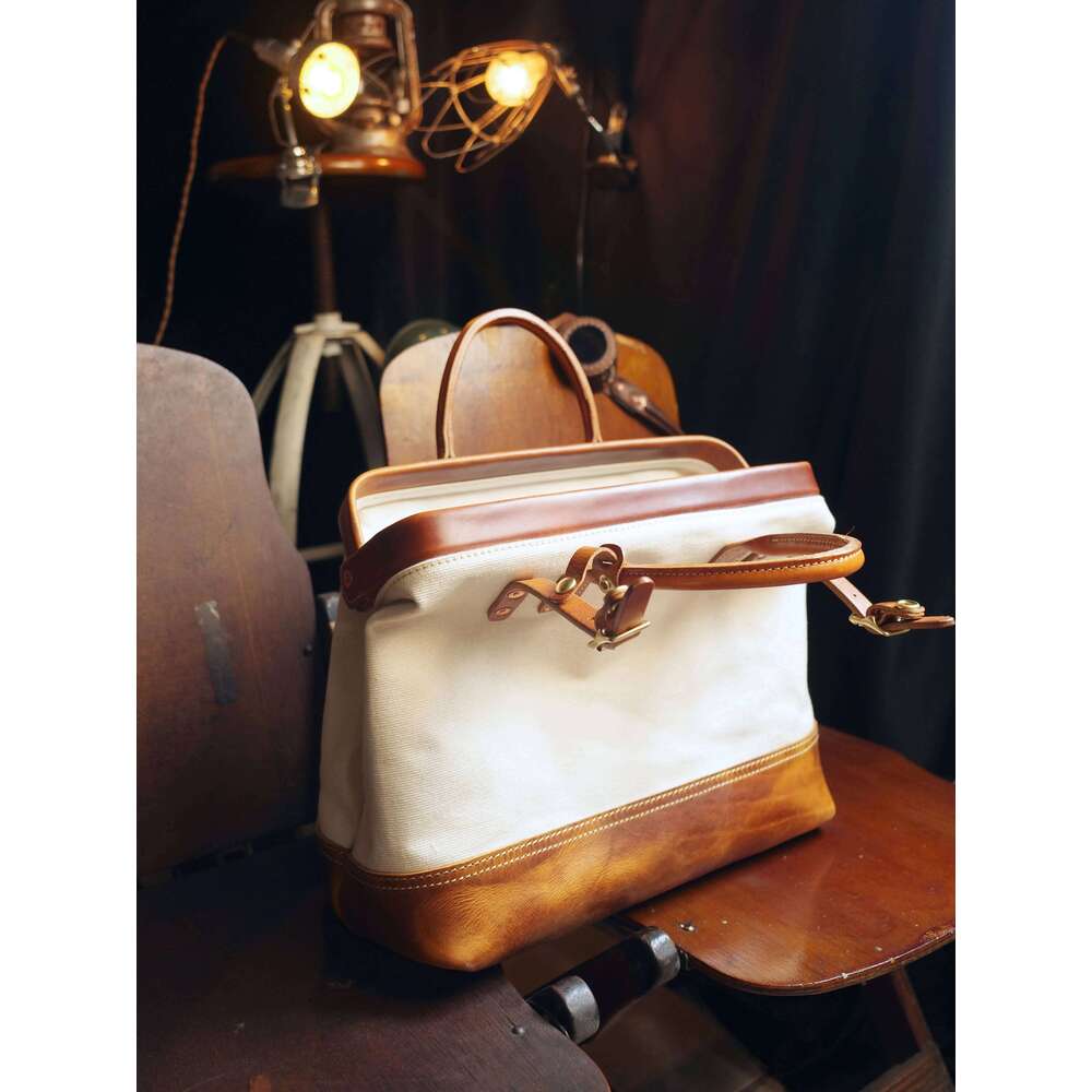 American vintage high quality canvas genuine leather ing women's handbag simple fashion hand-made travel bag