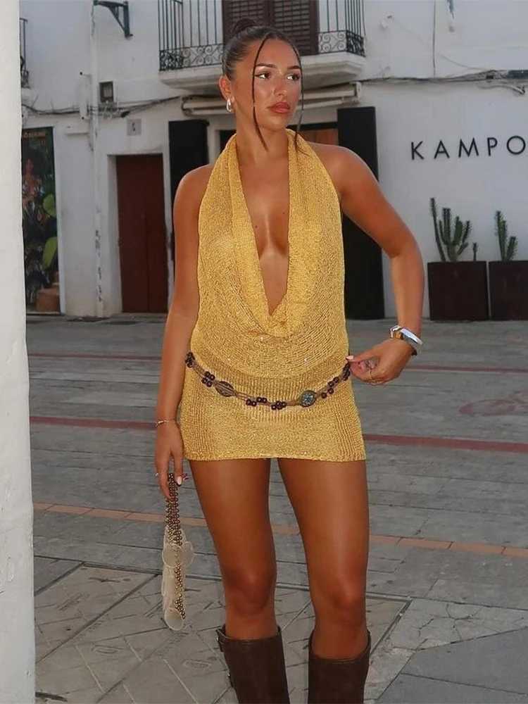Sisterlinda Knitted Sequins Mini Dress Halter Summer Stunning Low Swinging Neck Backless Skinny Frock Female Sexy Party Bodycon XJ250610