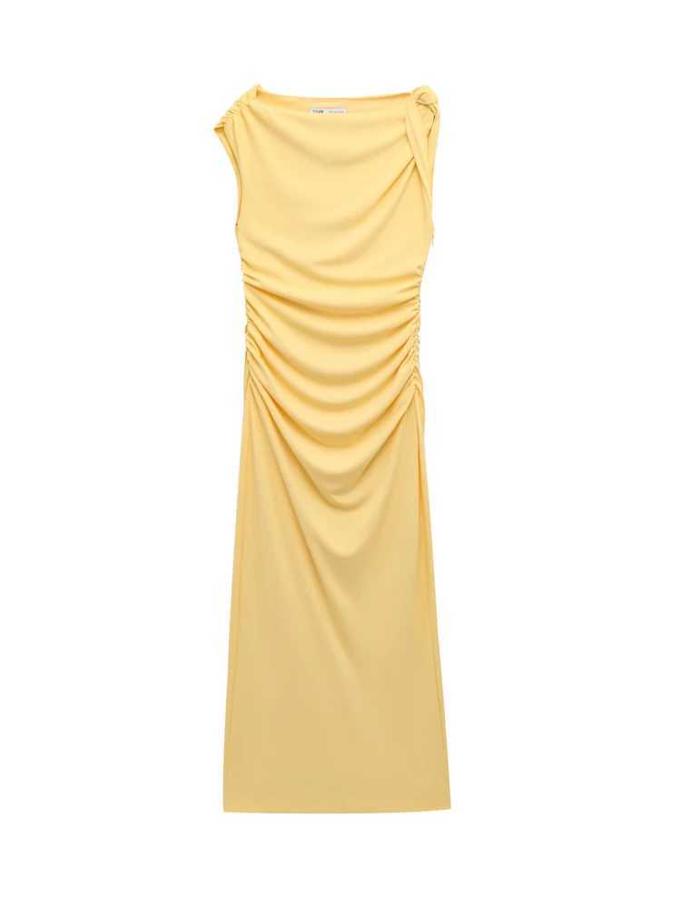 TRAF Yellow Draped Long Dresses for Women Asymmetric Summer Dress Woman 2025 Sleeveless Party Womens Dresses Pleated Beach Dress XJ250610