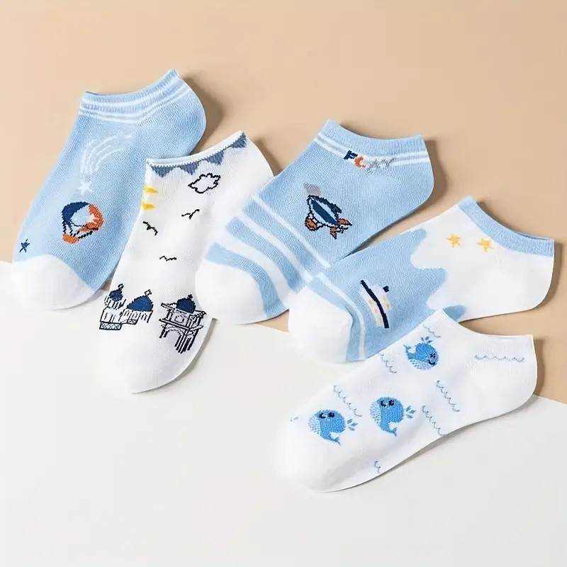 Blue Low-Cut Cartoon Non-Slip Boat Socks for Women - Casual & Cute Spring/Summer Footwear