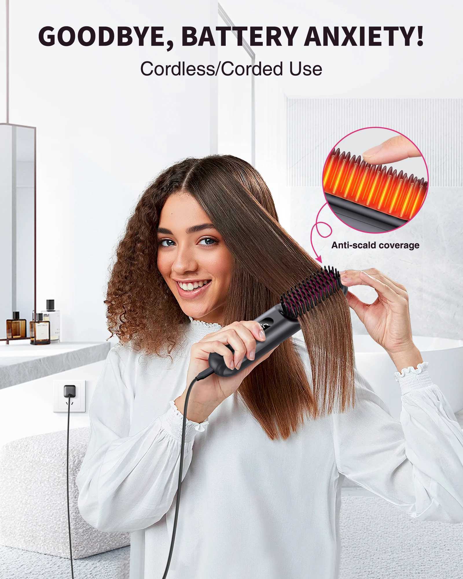 BOPCAL Cordless Hair Straightener Brush 10000mAh LED Display Negative Ions Hair Care Ceramic Electric Hot Heating Comb W250610