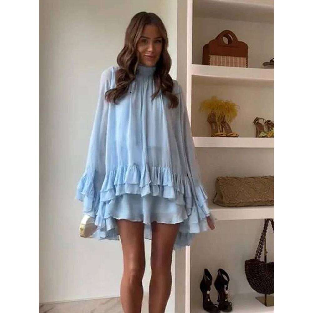 Layered Ruffled Women Shirt Dress Sunscreen Cover High Neck Pleated Beach Irregular Shawl Blouse Top Mesh Fashion Chiffon Shirts