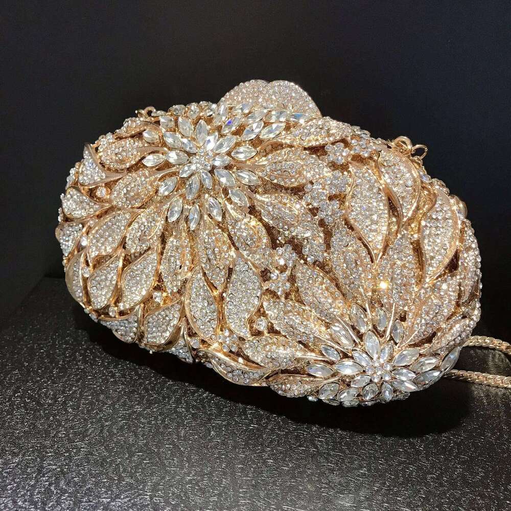 Gold Metal Leaves White Crystals Evening Clutch Bags Women Wedding Party Purse Ball Handbags Rhinestone Mini heart bag