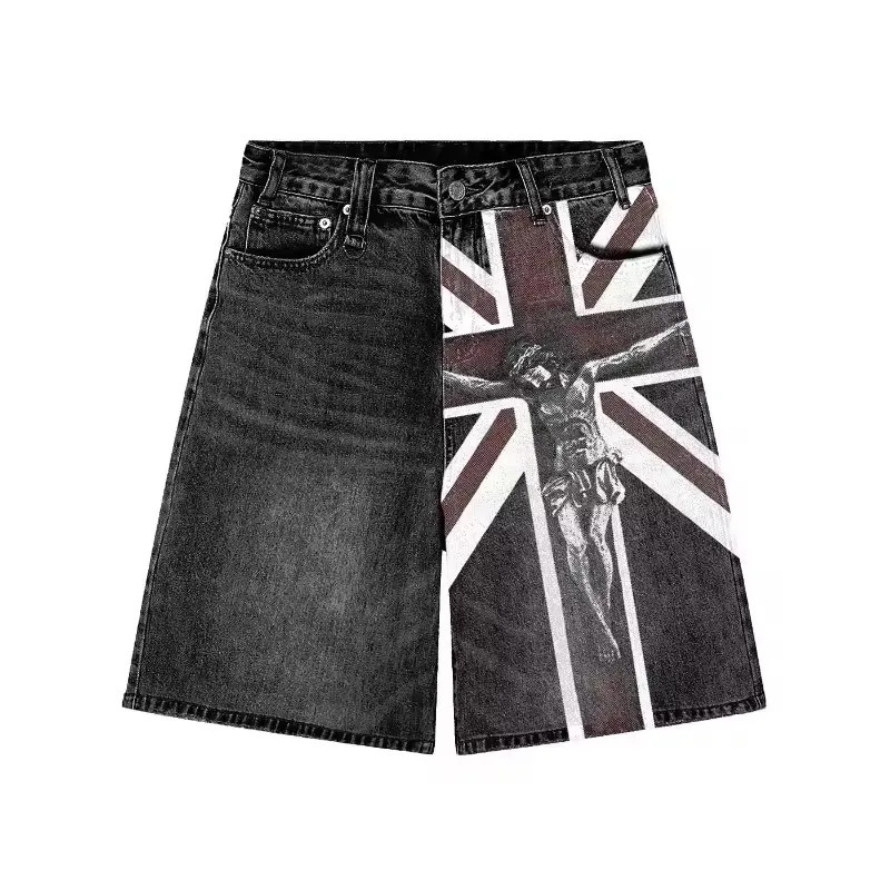 Streetwear Vintage Denim Shorts Y2K Jeans Hip Hop Union Jack Graphic Retro Baggy Shorts Low Rise Over The Knee Pant Casual Short 250610
