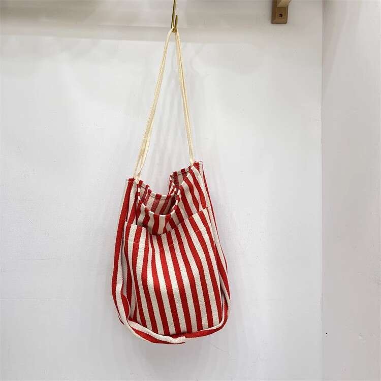 Korean Style Lazy Wind Literary Fresh Simple Striped Canvas 2024 New Large Capacity Tote Shoulder Bag Trend