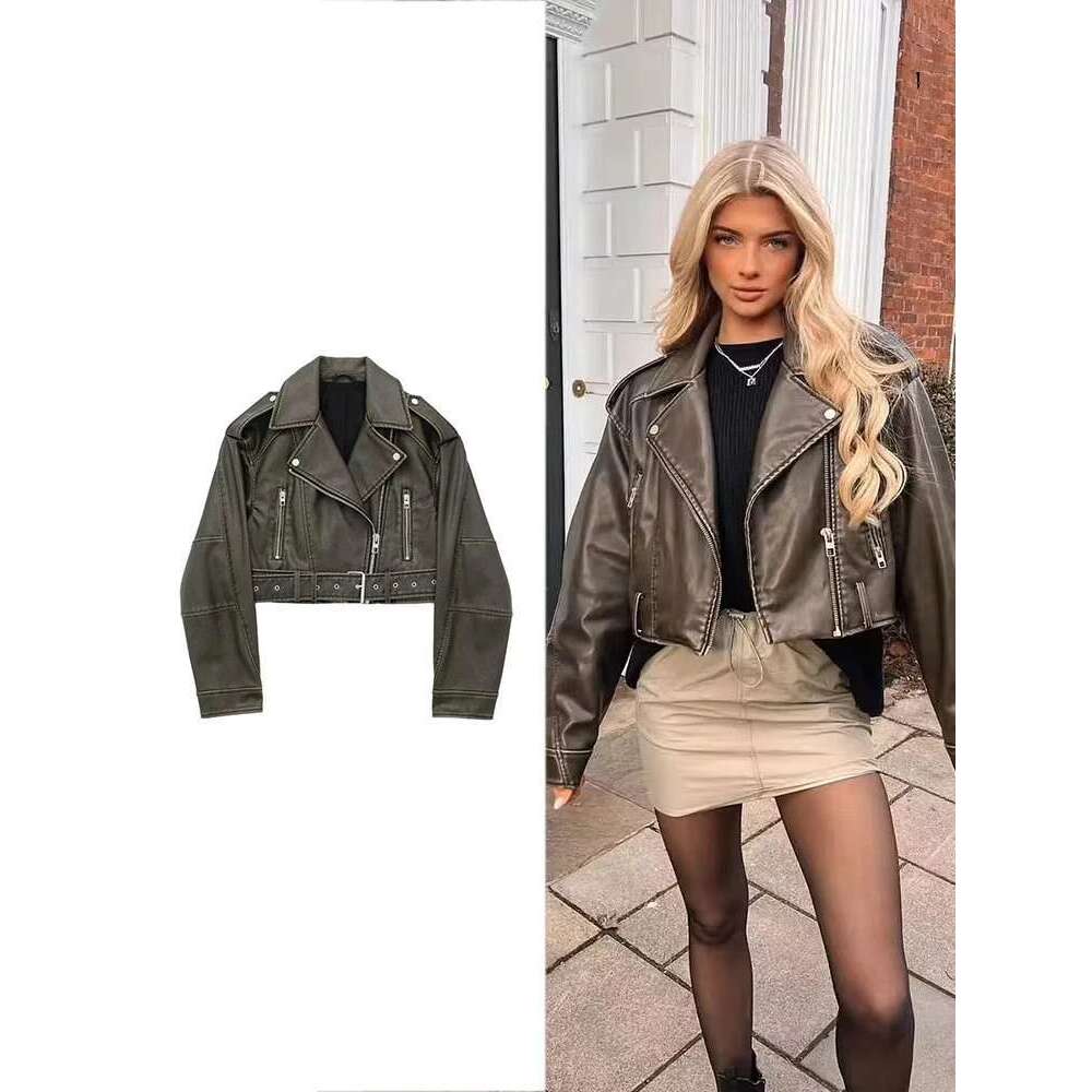 TRAF Women's Vintage Loose Belt Shoulder Badge Zipper Lapel Jacket Handsome Washed Leather Motorcycle Clothing