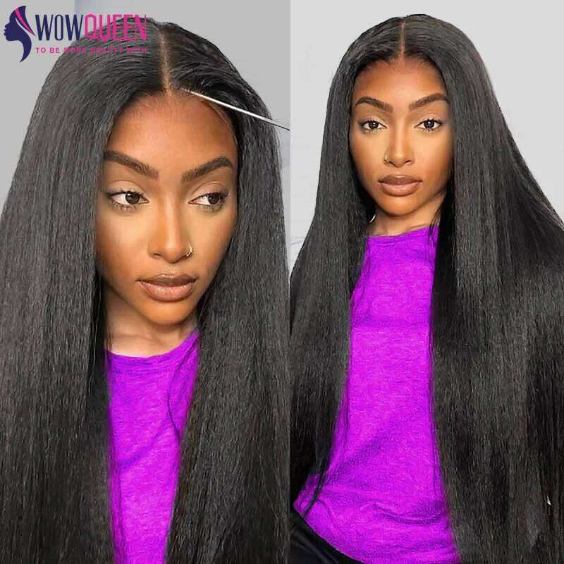 Glueless Ready To Wear Yaki Lace Front Kinky Straight Human Hair Wigs 180 Density 4x4 Closure Wig