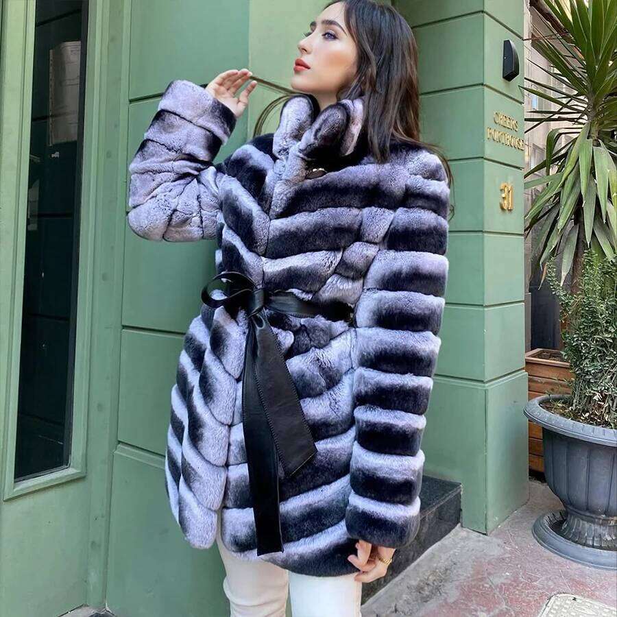 Natural Pelt Jackets Long Style Chinchilla Color Coat For Women Real Rabbit Fur High Quality Genuine Leather Jacket