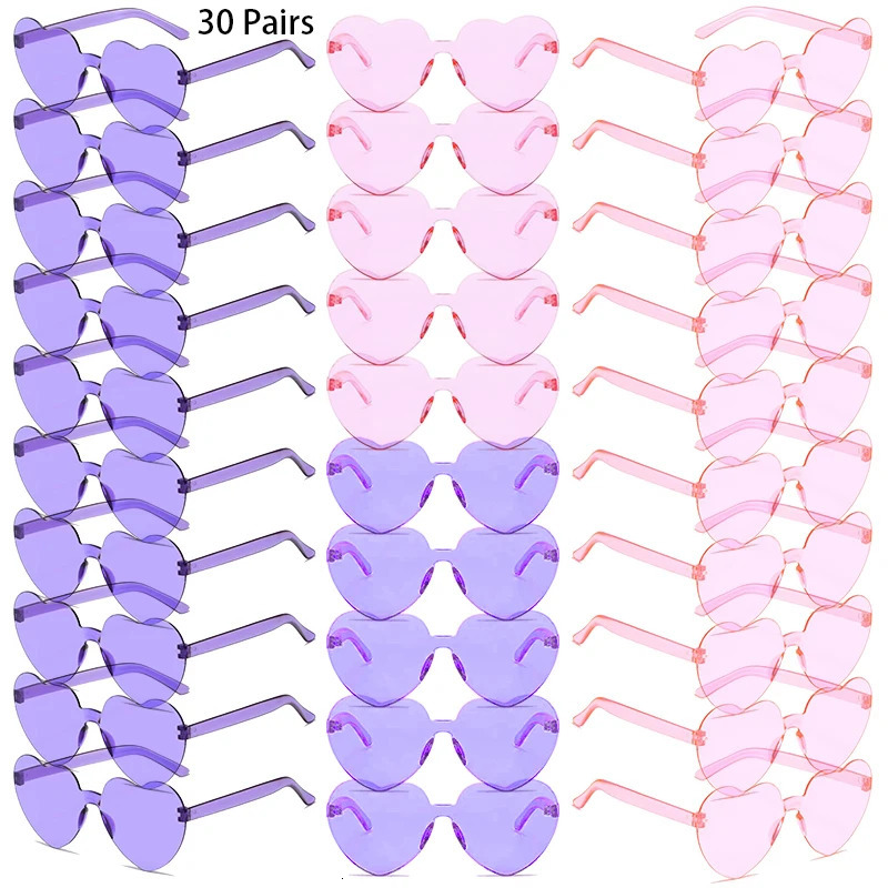 30 Pairs Per Set Heart Shaped Sunglasses Cute Rimless Solid Color Beach Vacation Shades Women Fashion Rave Sun Glasses 250530