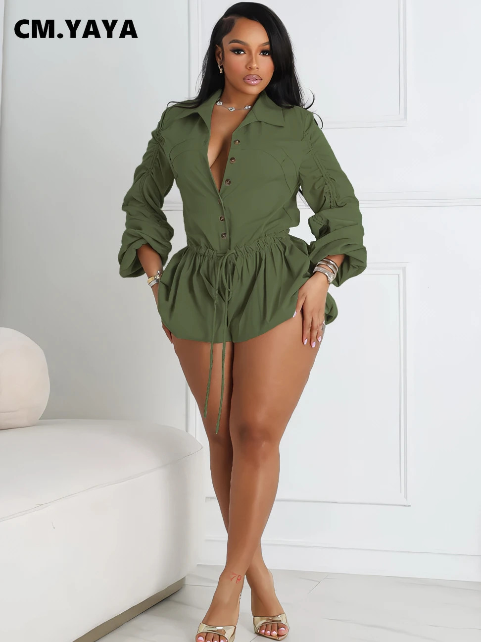 CMYAYA Vintge Womens Blouse Style Ruched Up Long Sleeve Romper Playsuit 2025 Summer Streetwear Basic Overall Outfits Jumpsuits 250610
