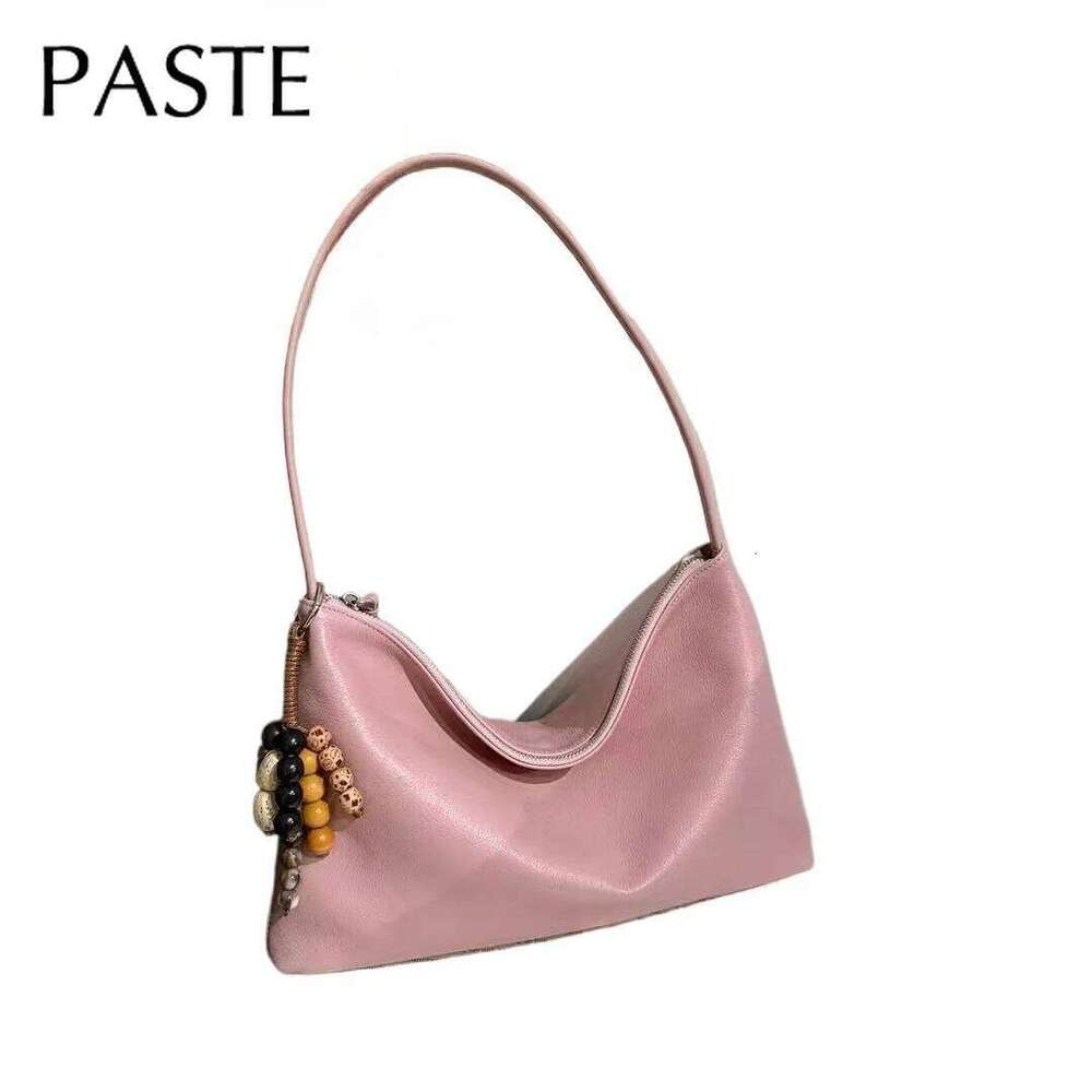 New All-match Lightsome Design Thin Armpit Shoulder Bag Yellow Pink Color Genuine Cow Leather Women's Handbag with String Beads
