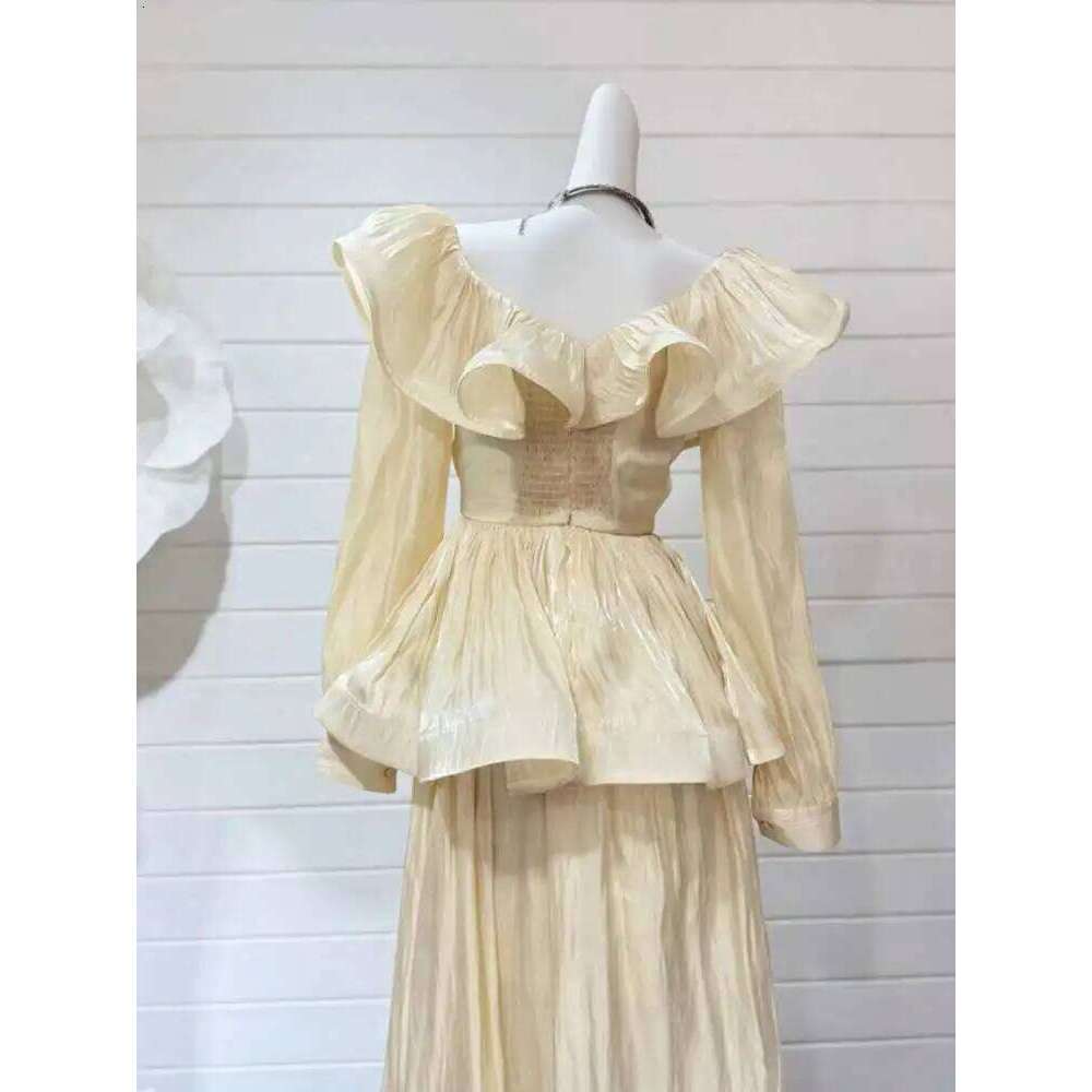 IEQJ Solid Ruffles Women's 2 Piece Sets V Neck Long Sleeve Shirt High Waist Skirts Loose Elegant Set Autumn 2025 New 3Wm2030