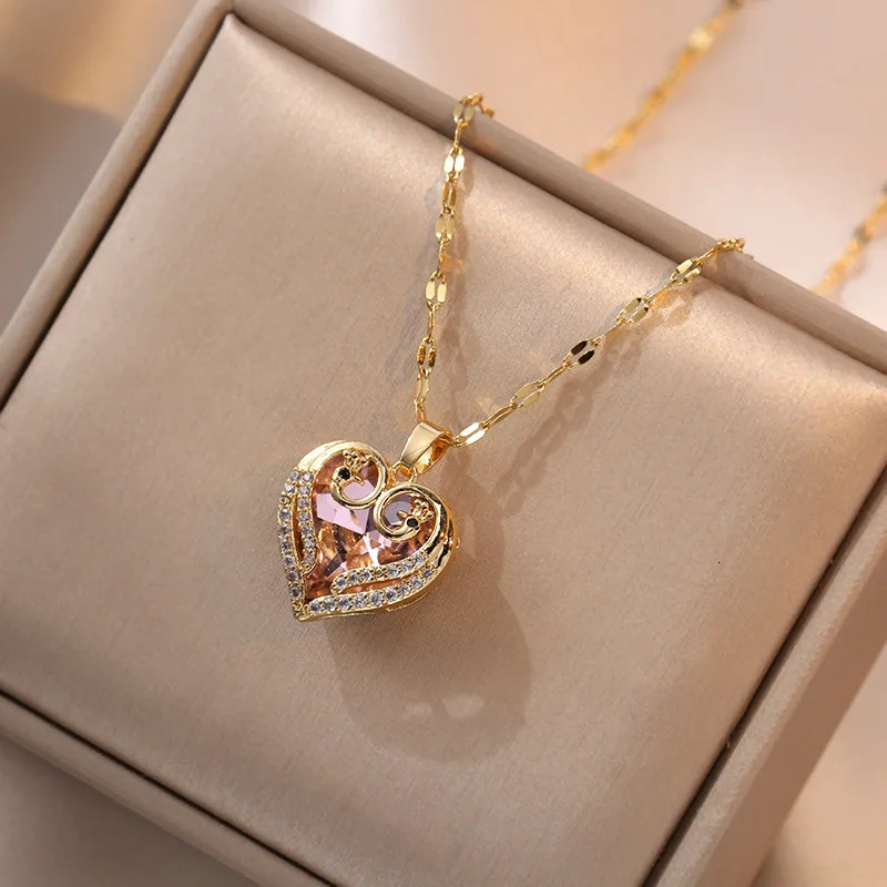 Colorful Zircon Love Heart Pendant Necklaces for Women Girls Stainless Steel Trendy Romantic Jewelry Accessories Gifts 250609