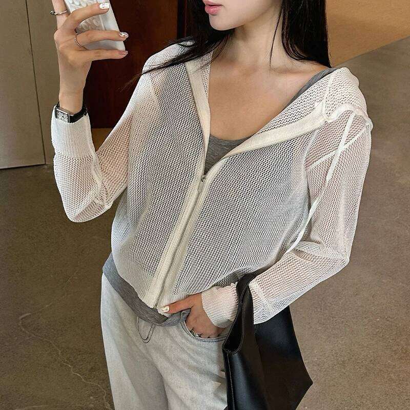DEAT Fashion White Thin Hooded Knitted Sunscreen Cardigan Women's Loose Zipper Long Sleeves Hollow Out Jackets Summer New 7Ab945