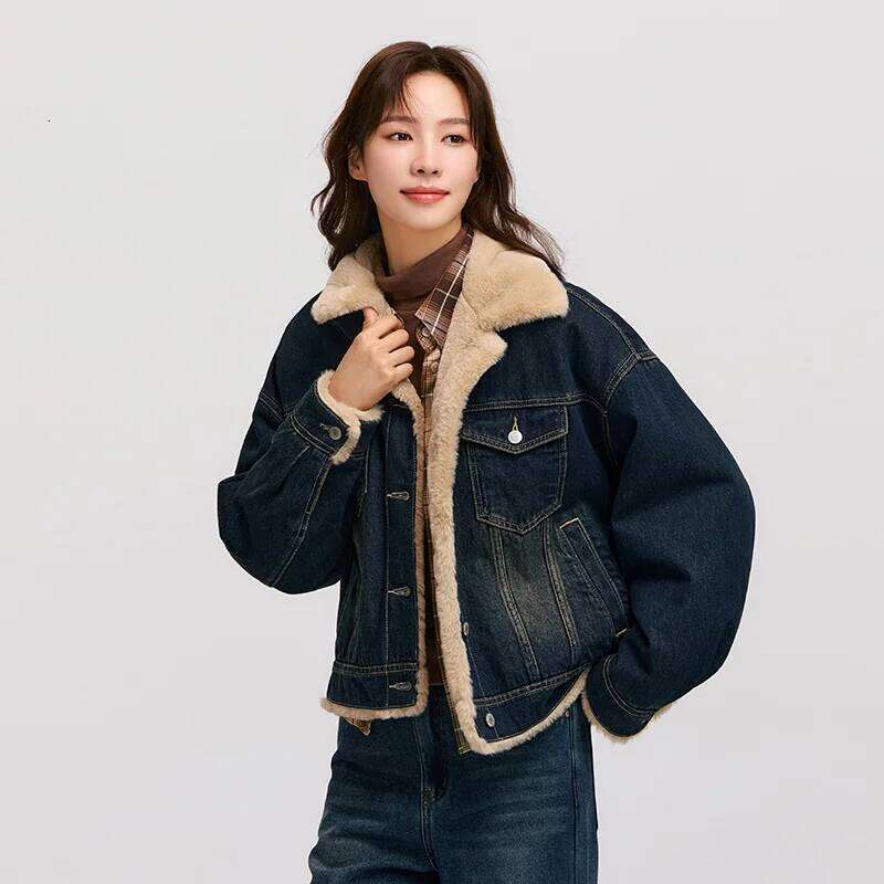 Semir Denim Women Patchwork Imitation Rabbit Fur Lapel Loose 2024 New Winter Quilted Jacket