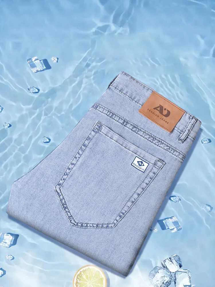 Summer Ultra-thin Mens Jeans Lyocell Soft Breathable Loose Straight Light Blue Denim Pants Business Casual Ice Silk Trousers M250610
