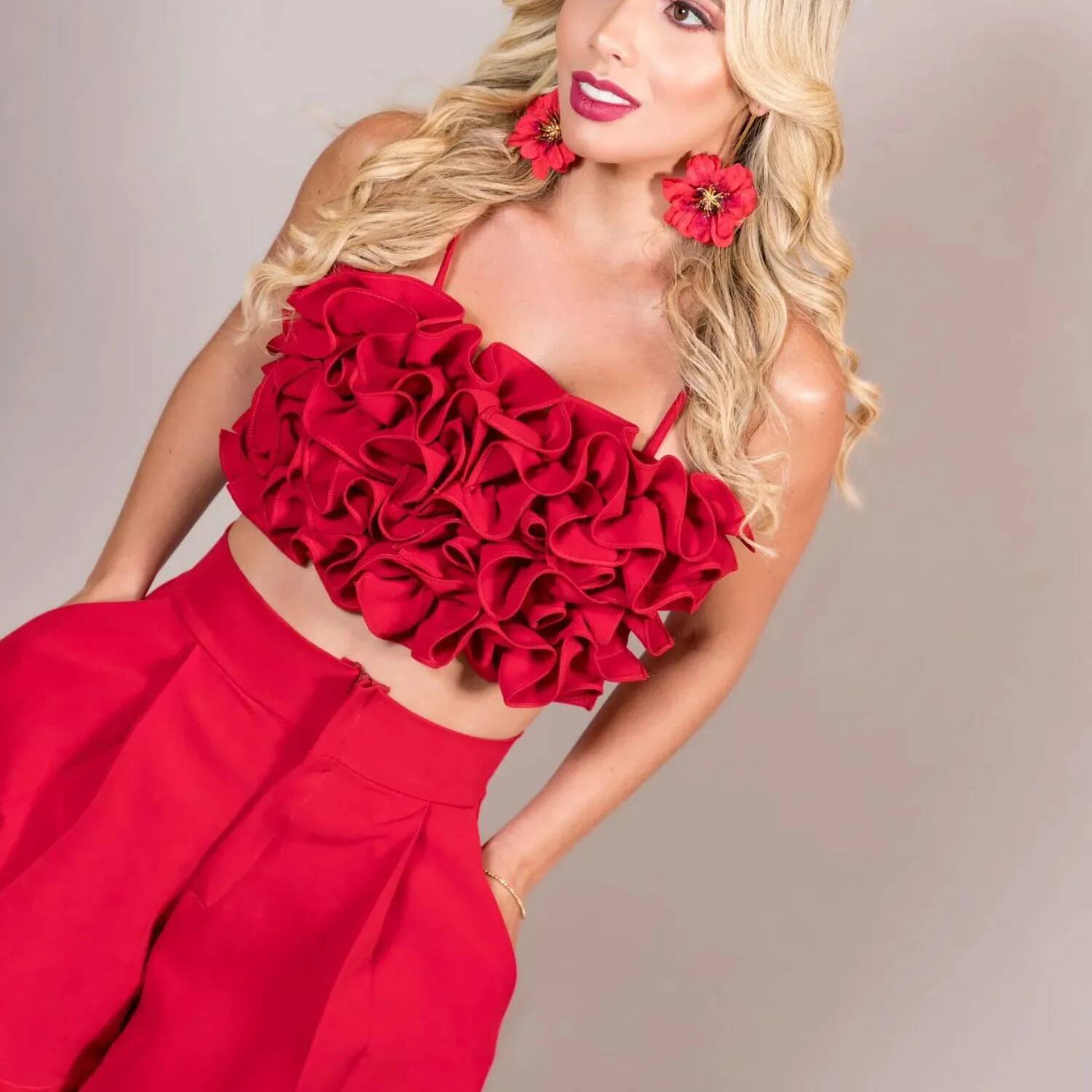 2025 Solid Red Flower Bikini Swimsuit Women Swimwear Sexy Swim Suit Deep V Monokini Off Shoulder Bodysuit Bathingsuit