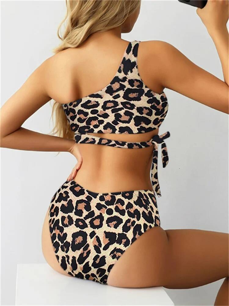 Bikini Swimwear Women Swimsuit 2025 New One Shoulder Leopard Bikinis Set High Waist Bathing Suit Summer Push Up Beach 2 Pieces