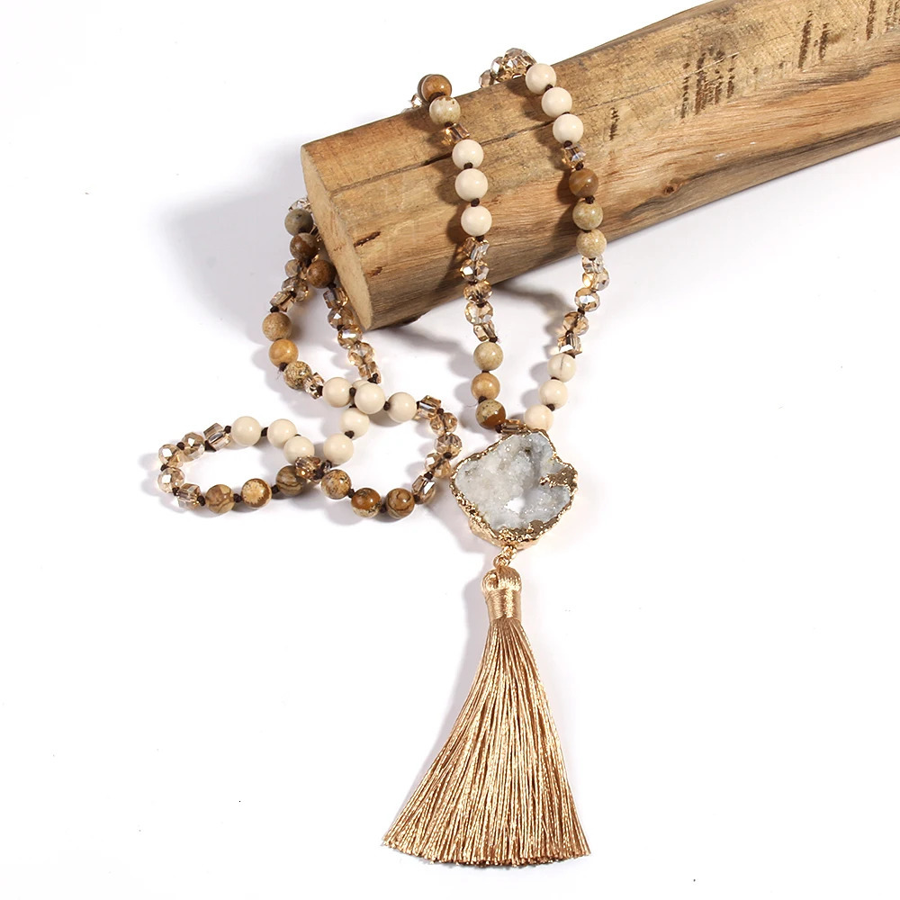 Fashion Bohemian Jewelry Natural Stones Glass Knotted Druzy Stone Links Tassel Necklaces For Women Gift 250604