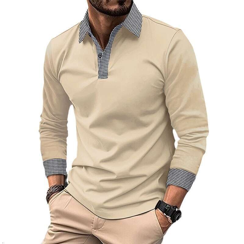 New Men's Long Sleeve Spring And Autumn Color Block Print Casual Polo Shirt B5