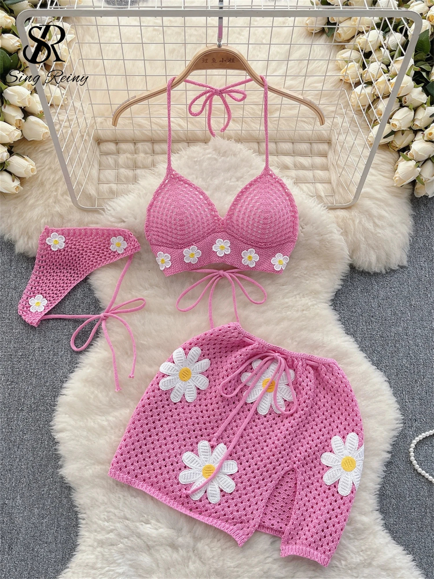 SINGREINY Korean Hollow Out Knitted Suits Women Halter Lace Up Bow Backless Tank TopDrawstring Split Mini Skirt Two Pieces Sets 250609