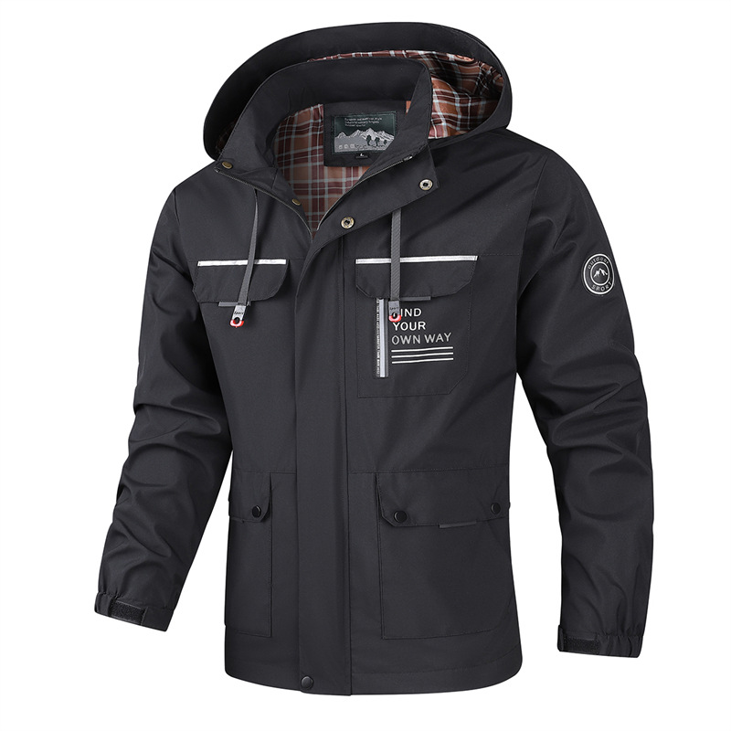 Thin workwear jacket for men in spring and autumn European and American outdoor leisure fashion medium to long hooded jacket