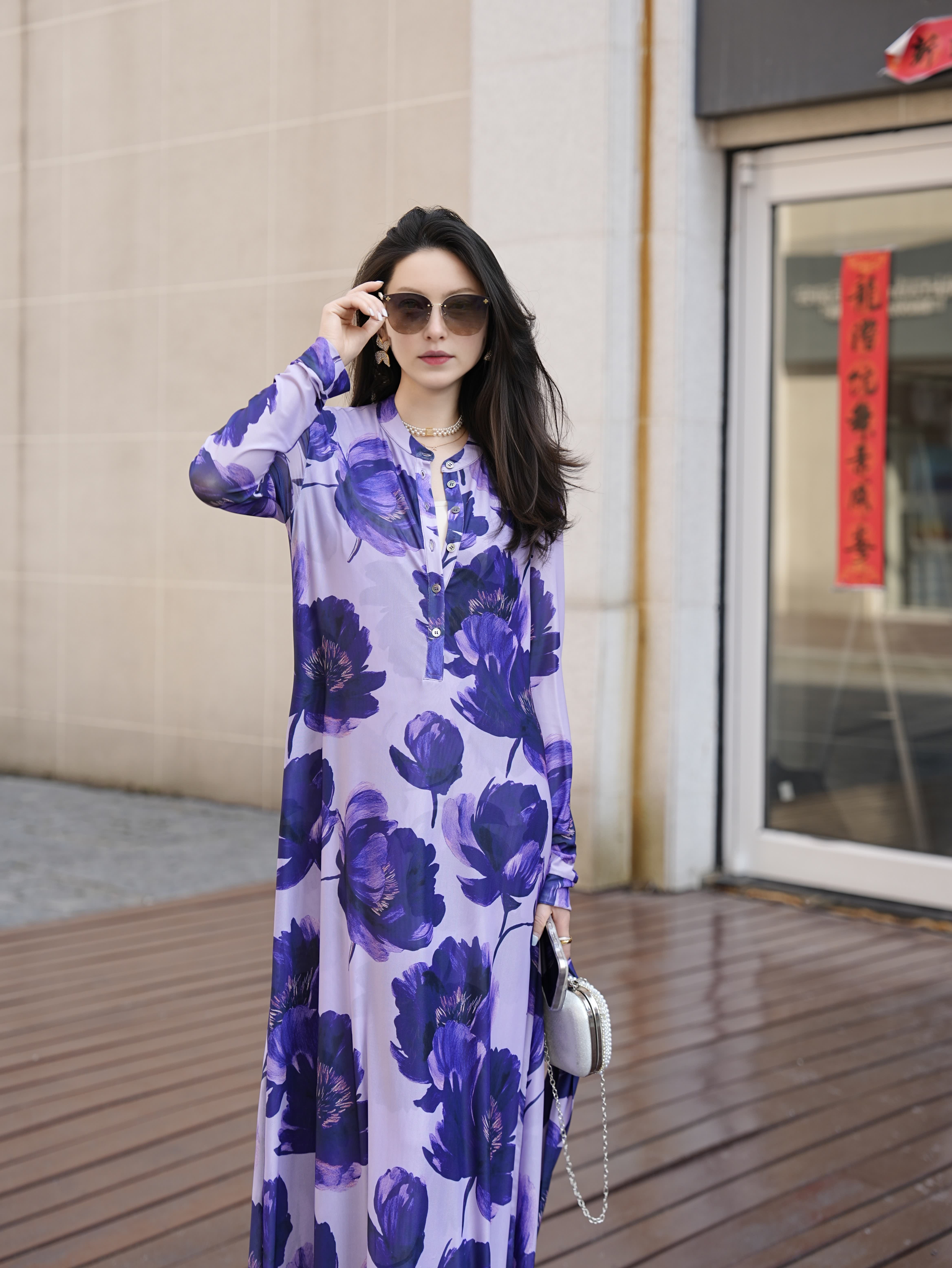 HZHJ original designer's purple lotus dress with long sleeves for slimming, high-end and stylish, light luxury