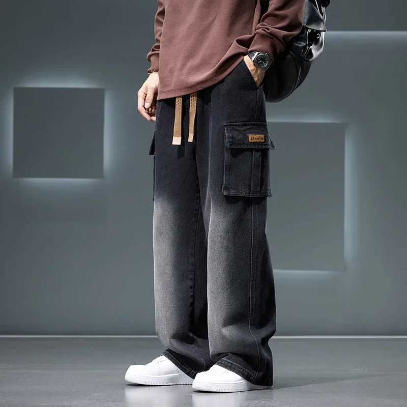 8XL Jeans New Wide Leg Washing Pants Men Trousers Neutral Solid Color Loose Casual Korean Fashion Pocket Plus Size Cargo Pants M250610