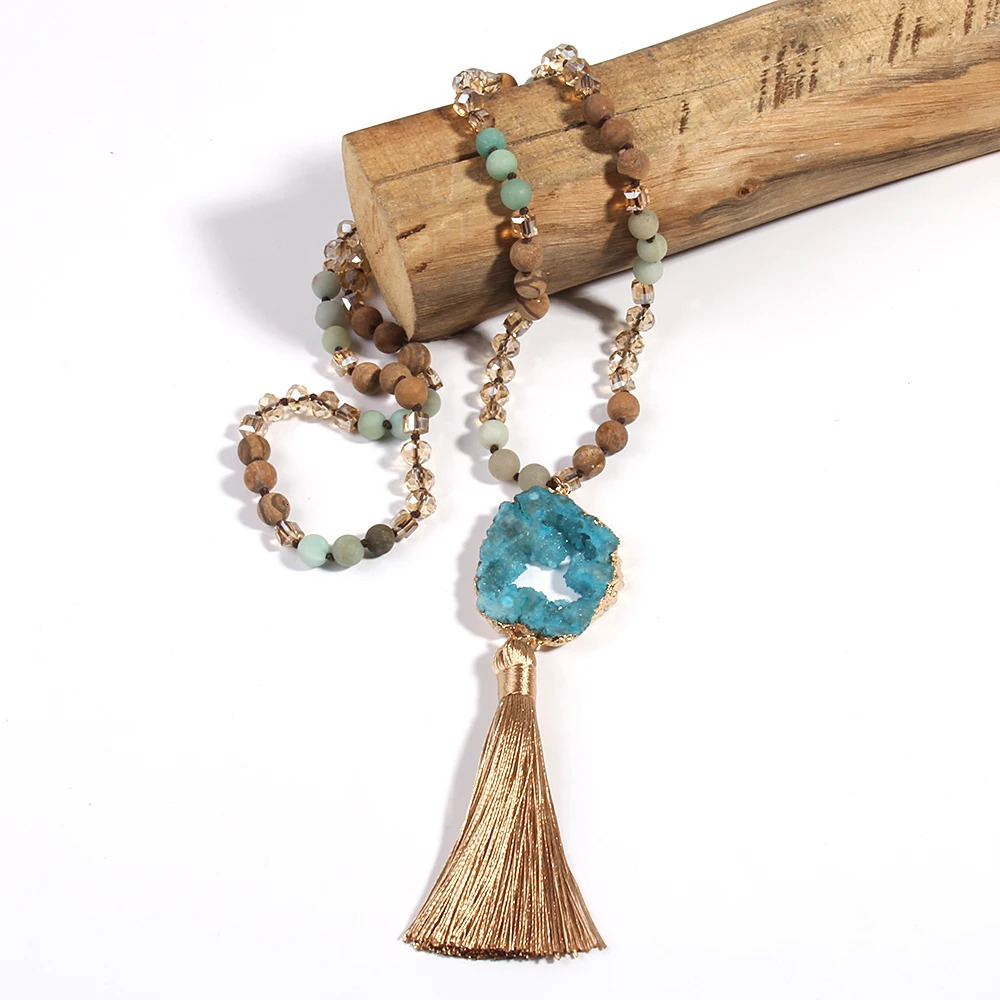 Fashion Bohemian Jewelry Natural Stones Glass Knotted Druzy Stone Links Tassel Necklaces For Women Gift 250604