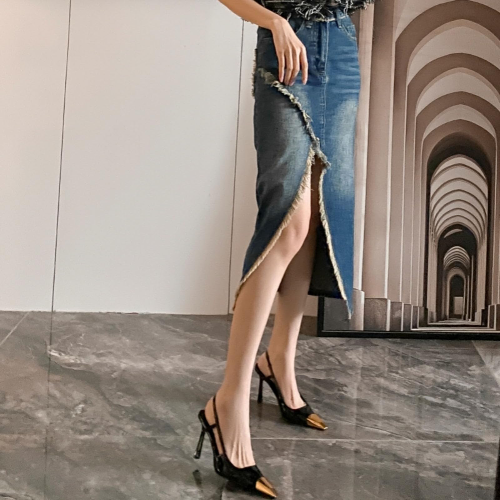 ARQA Womens Slingback High Heels Metal Pointed Toe Leather High Stiletto Heel Pumps Slip on Elastic Strap Fashion Dress Shoes for Women