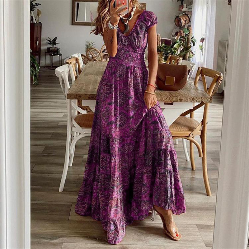 F218European and American cross-border new Bohemian style waist dress long dress floral print swing dress women's clothing