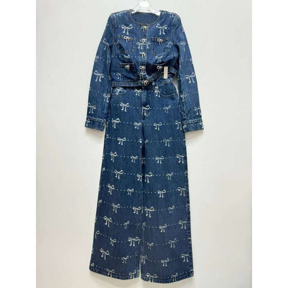 2024 new arrive bow decoration printed Lady Coat long sleeved round neck women denim jacket with pockets, hidden buttons