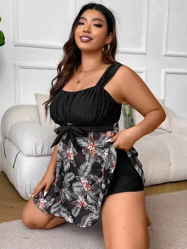 5XL Plus Size Swimdress High Waist Women Swimwear Push Up Bikini Sexy Black Mesh Swimsuit Bathing Suit Chubby Tankini Female