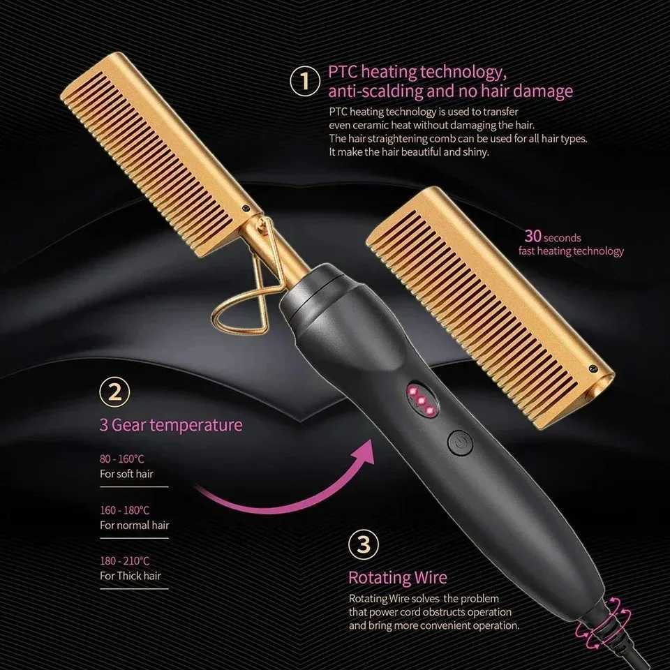 Ceramic Heating Hair Straightener Comb with Ceramic Coating 3 Heat Levels Anti-Frizz for Natural Hair Beard Wigs and Curling W250610
