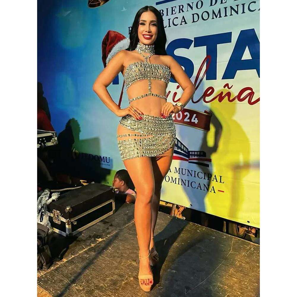 Ladies Celebrity Women Sexy Tank Crystal Dias Mesh Mini Dress Birthday Party Costume Bar Nightclub Stage Performance Outfit