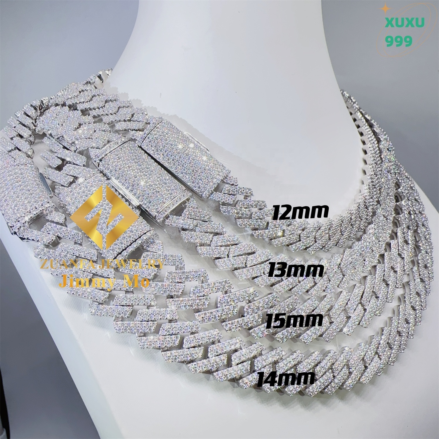 OACOCA Hot Selling Pass Diamond Tester 925 Solid Silver 12mm 13mm 14mm 15mm Two Rows Iced Out Hip Hop VVS1 Moissanite Cuban Link Chain