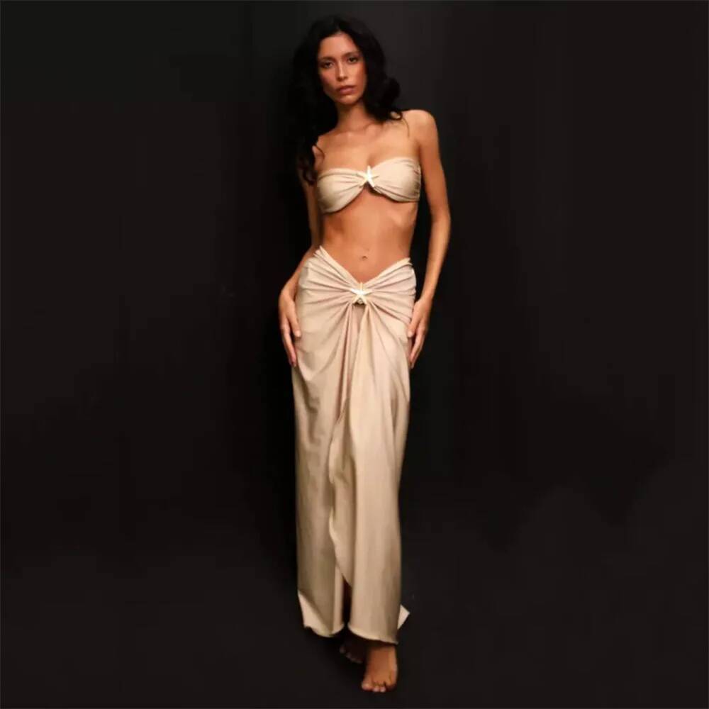 New 3Pcs Shiny Bandeau Biquini With Cover Up Sexy Swimsuit Woman Swimwear Off Shoulder Swim Suit Star Bikini Bodysuit Beachwear