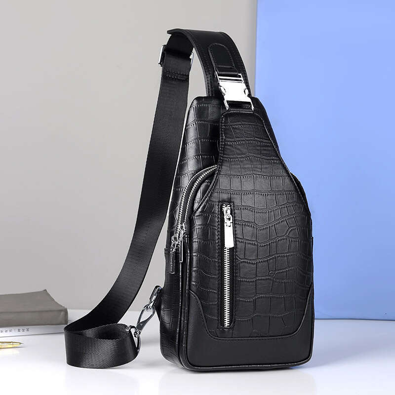 TAURUSCIAGA Men's Genuine Leather Chest USB Charging Crossbody Bag Multifunctional Cowhide Business Crocodile Pattern Front Backpack for Men