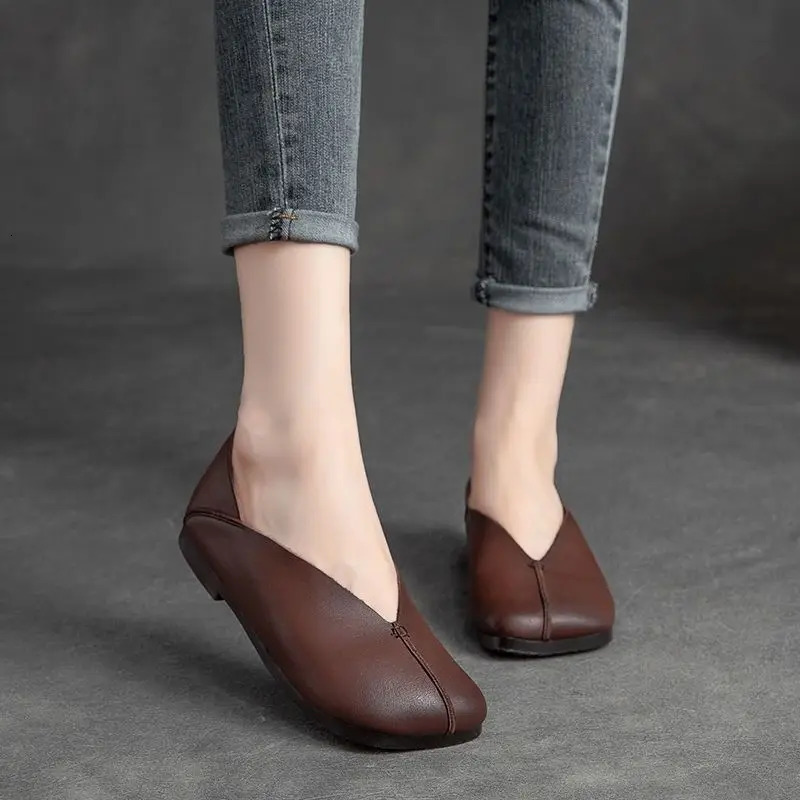 Womens Flat French Shoes Square Toe Genuine Leather Soft Sole Comfortable Pumps Fashion Loafers Casual spring autumn 250603