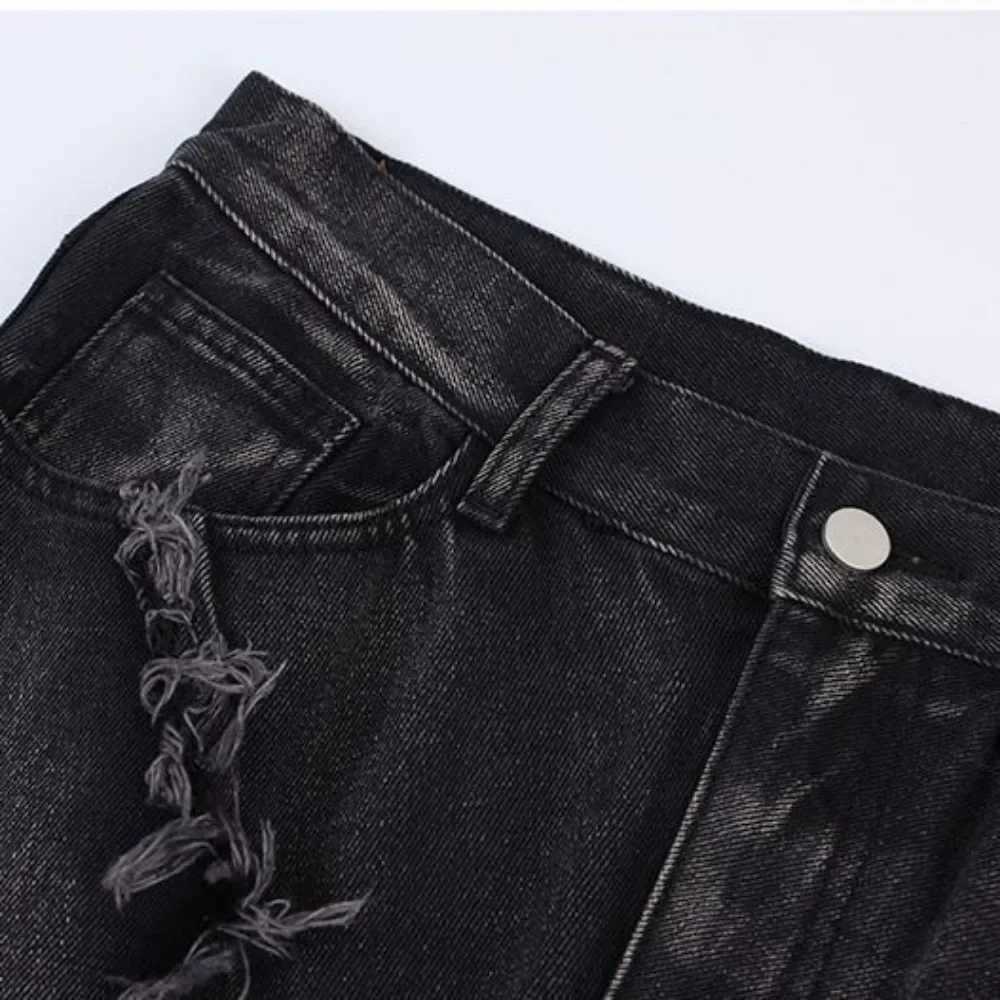 High Street Fringe Cotton Jeans Straight Leg Loose Fit Black Hip Hop Cotton Knit Fabric Distressed Washing Shorts For Men M250610